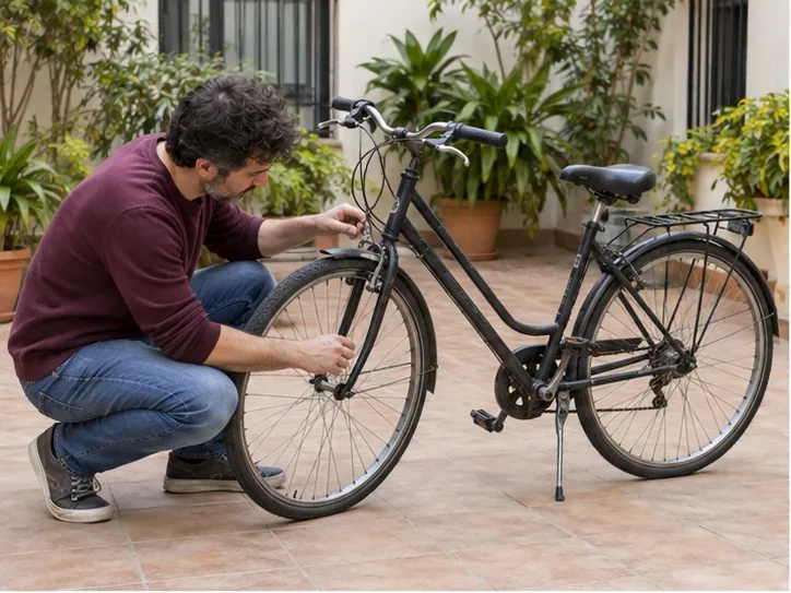 Una persona revisa el cuadro, las ruedas y los frenos de una bicicleta negra en un patio.