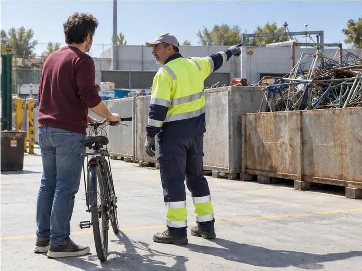 Un trabajador de una instalación indica a un vecino dónde entregar una bicicleta cerca de un contenedor de chatarra.
