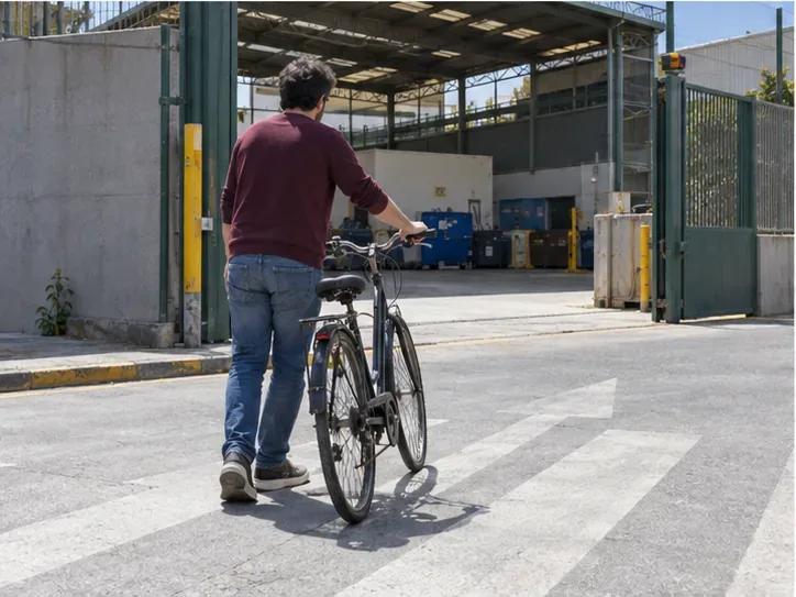 Una persona guía una bicicleta hacia la entrada de una instalación municipal de residuos.