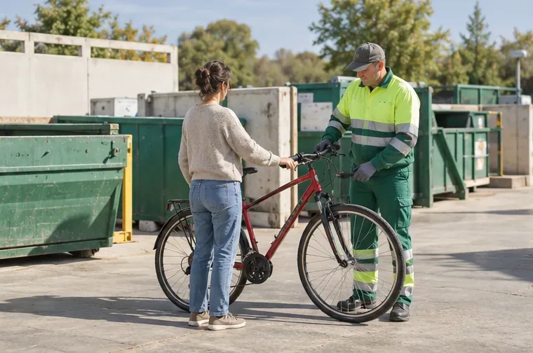 Una persona entrega una bicicleta a un trabajador en una zona de recepción de residuos