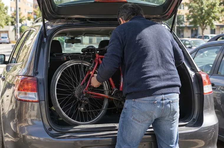 Una persona carga cuidadosamente una bicicleta en un vehículo particular