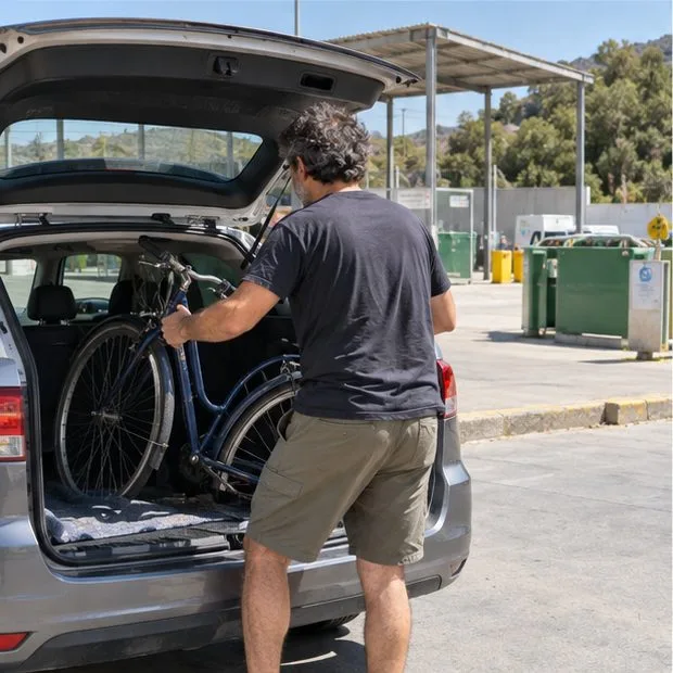 Un hombre carga una bicicleta urbana azul en un coche para llevarla a una instalación municipal de recepción de residuos, después de confirmar la entrega.