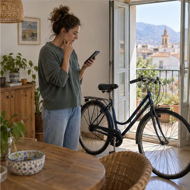 Una mujer consulta el móvil junto a una bicicleta que permanece dentro de casa, antes de confirmar con el servicio municipal las condiciones de recogida.