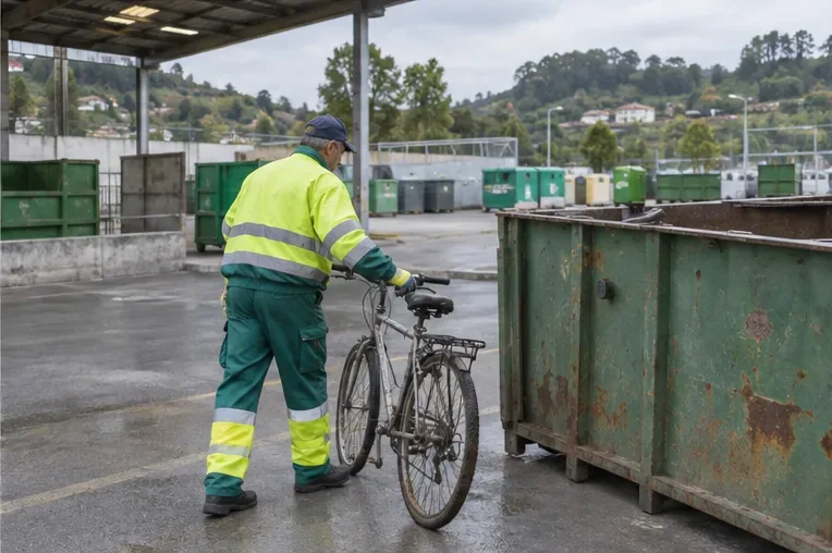 Trabajador guiando una bicicleta hacia un contenedor de metales en un área de reciclaje