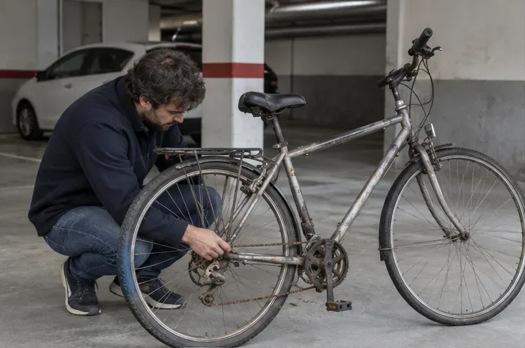 Persona revisando la cadena y el estado de una bicicleta vieja en un garaje