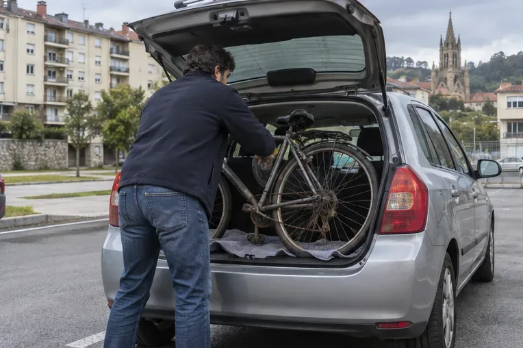 Persona introduciendo una bicicleta vieja asegurada en el maletero de un coche