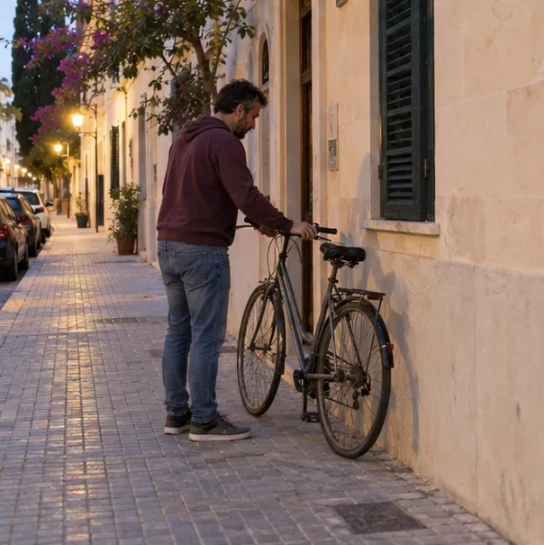 Una persona coloca una bicicleta junto a la fachada de su vivienda al anochecer, dejando libre el recorrido de la acera.