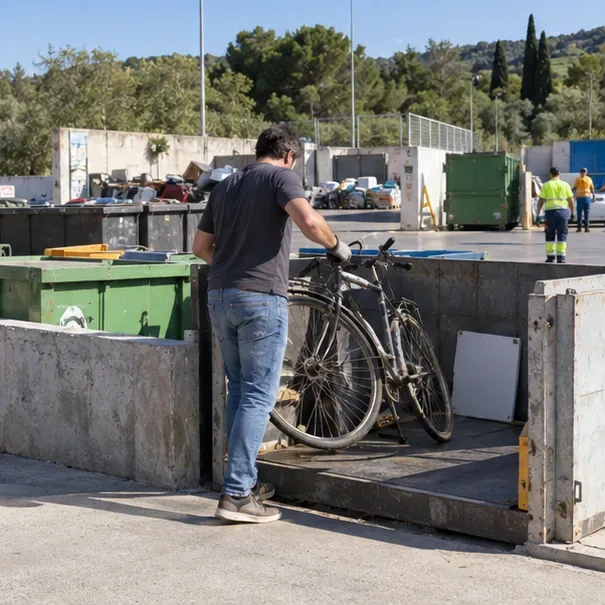 Una persona entrega una bicicleta urbana en un recinto municipal de recepción de residuos con contenedores clasificados.