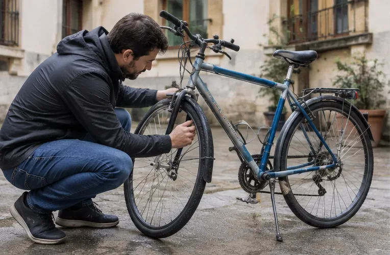 Una persona revisa el estado de una bicicleta urbana, observando rueda, cuadro y componentes antes de decidir qué hacer con ella