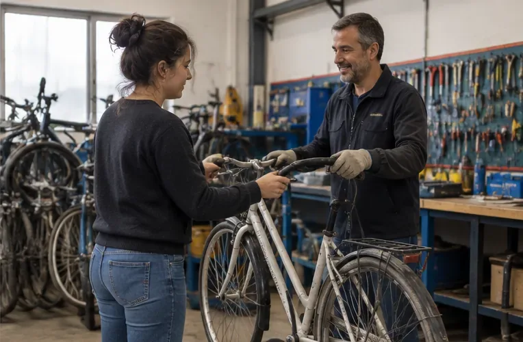 Una mujer entrega una bicicleta usada a un profesional en un taller con herramientas y otras bicicletas al fondo
