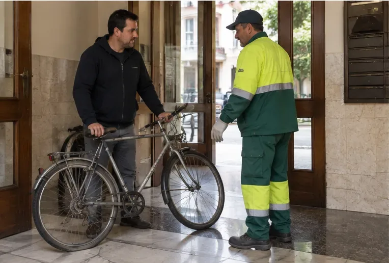 Un vecino entrega una bicicleta vieja a un operario de recogida en la entrada de un edificio