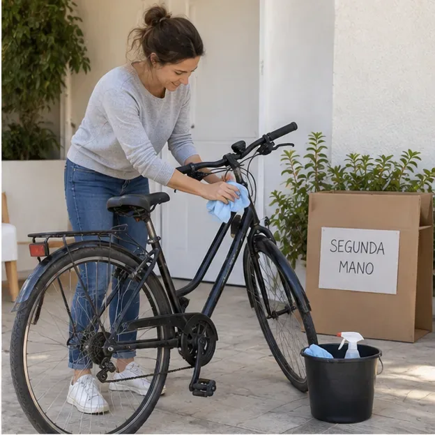 Una mujer limpia una bicicleta urbana antes de prepararla para segunda mano o donación