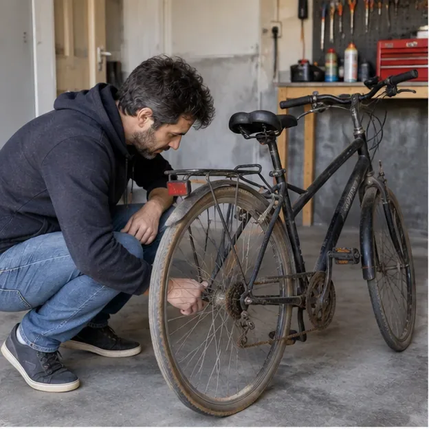 Una persona revisa la rueda trasera y la transmisión de una bicicleta vieja en un pequeño taller