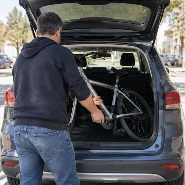 Un hombre introduce una bicicleta en el maletero de un coche para llevarla a un punto de recogida