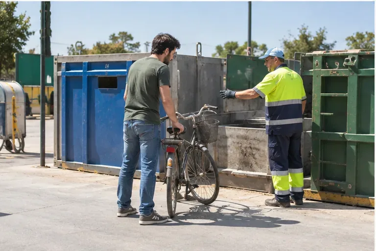 Usuario entregando una bicicleta usada en una instalación de recogida de residuos con ayuda de un operario