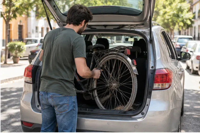 Persona introduciendo una bicicleta usada en el maletero de un coche para transportarla con seguridad