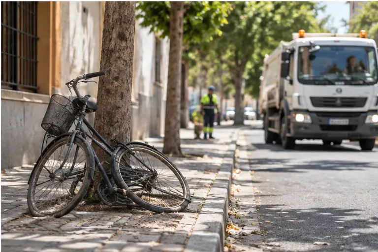 Bicicleta usada colocada junto a la acera mientras se aproxima un vehículo municipal de recogida