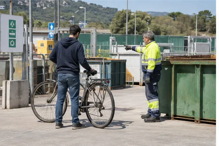 Usuario con una bicicleta junto a un trabajador de un punto limpio que señala la zona de descarga