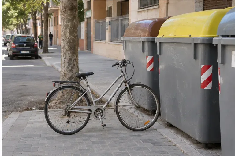 Bicicleta colocada junto a una zona de contenedores en una calle residencial