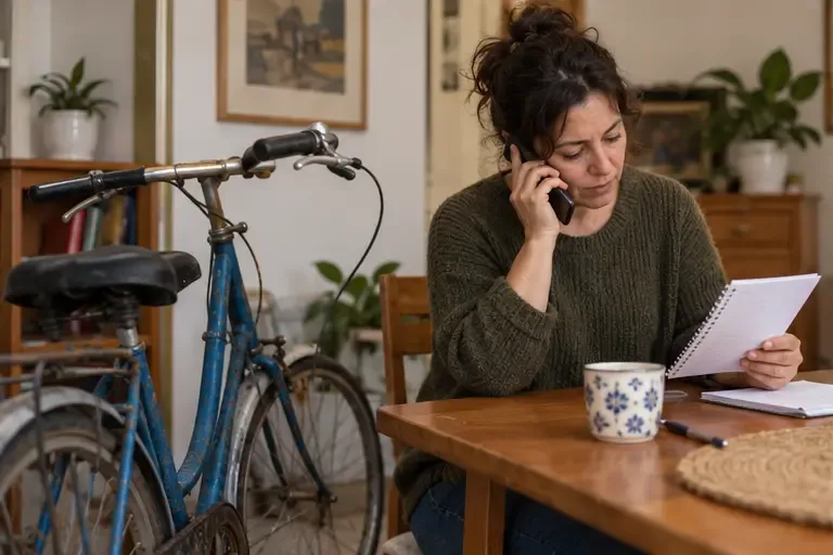 Una vecina llama al servicio municipal junto a una bicicleta y anota las instrucciones recibidas