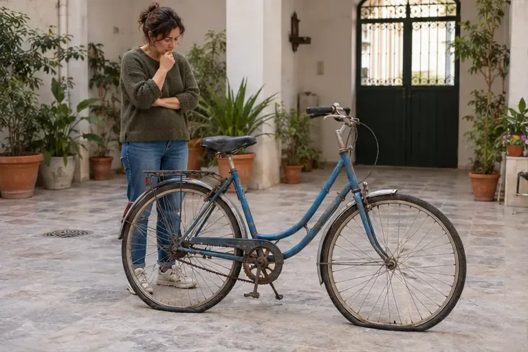 Una persona observa una bicicleta azul vieja en el patio de una vivienda para valorar si puede reutilizarse