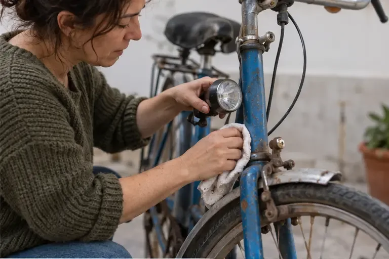 Una persona limpia el cuadro y retira una luz delantera desmontable de una bicicleta usada