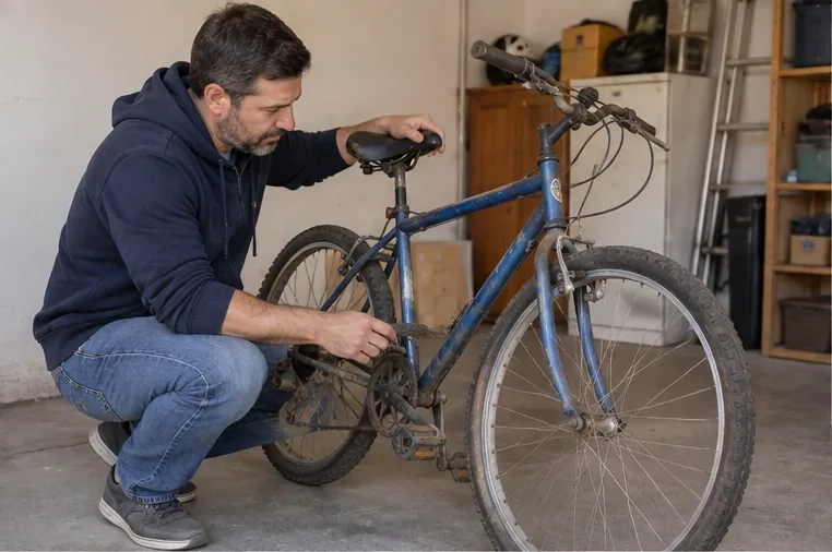 Un hombre inspecciona una bicicleta azul vieja con óxido en la transmisión dentro de un garaje