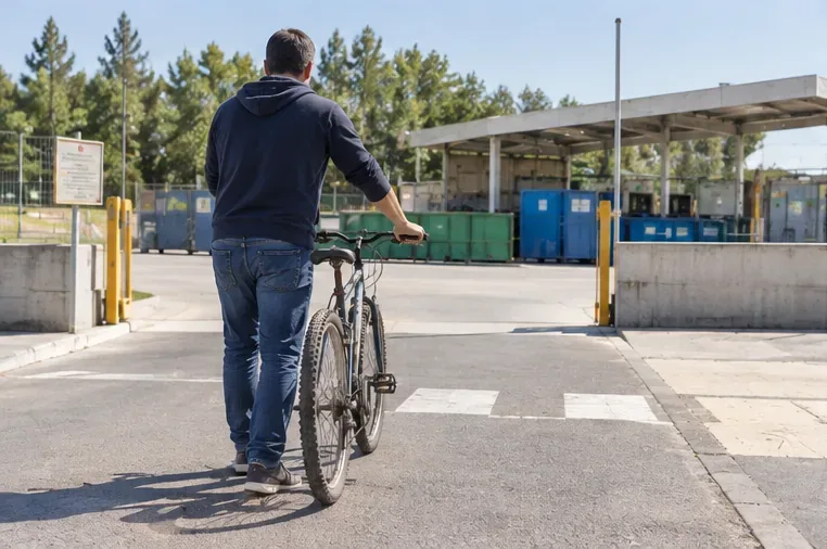Un hombre empuja una bicicleta vieja hacia la entrada de un punto limpio con contenedores de clasificación al fondo
