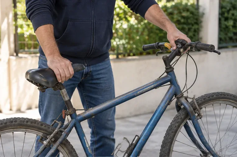 Una persona sujeta el sillín y el manillar de una bicicleta vieja para prepararla antes del traslado