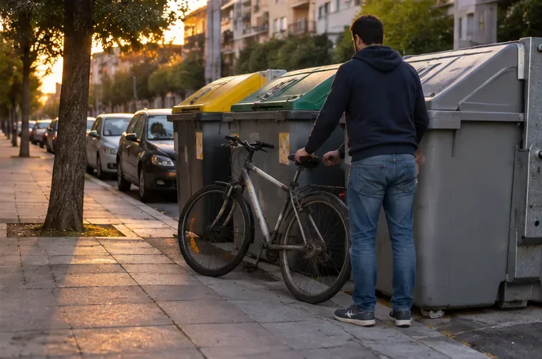 Un hombre sostiene una bicicleta vieja junto a contenedores en una calle urbana, ilustrando por qué no debe dejarse allí sin una recogida municipal previamente confirmada.