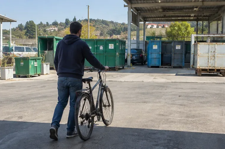 Una persona empuja una bicicleta vieja dentro de una instalación de punto limpio con contenedores separados para distintos residuos.