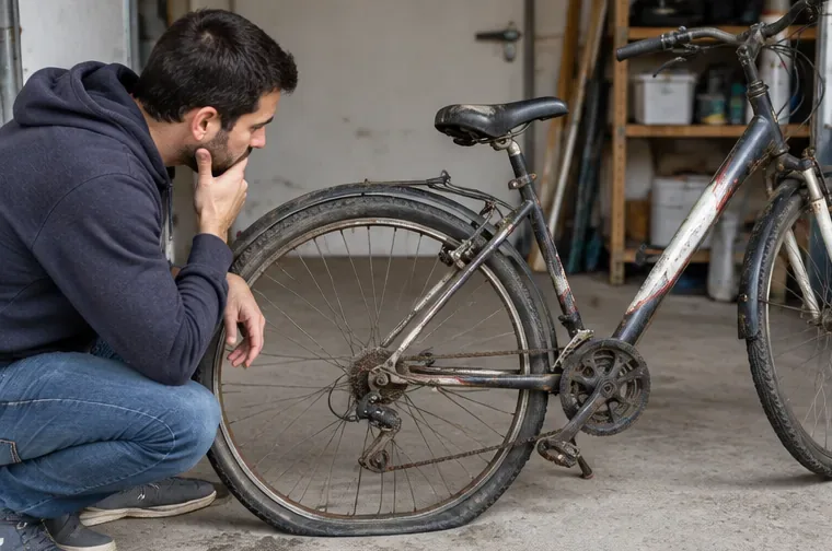 Un hombre examina una bicicleta urbana vieja y oxidada en un garaje para decidir si aún puede repararse o reutilizarse.