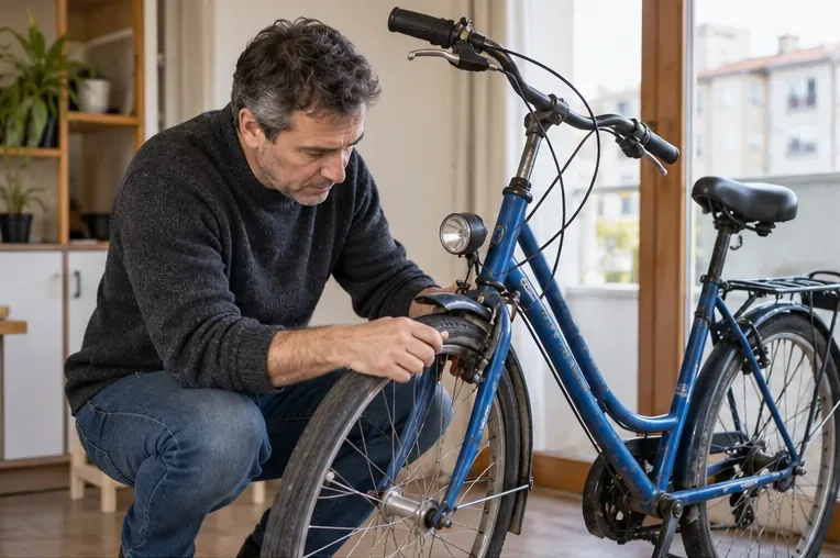 Una persona examina la rueda delantera de una bicicleta urbana azul dentro de casa.