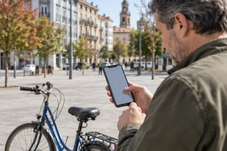 Una persona consulta un teléfono de pantalla sin contenido visible junto a una bicicleta azul en una plaza urbana.