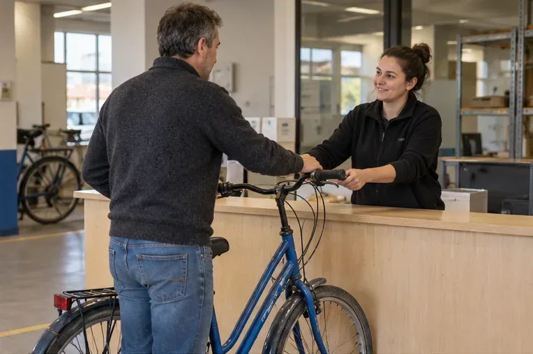 Una persona presenta una bicicleta urbana azul a una trabajadora detrás de un mostrador interior.
