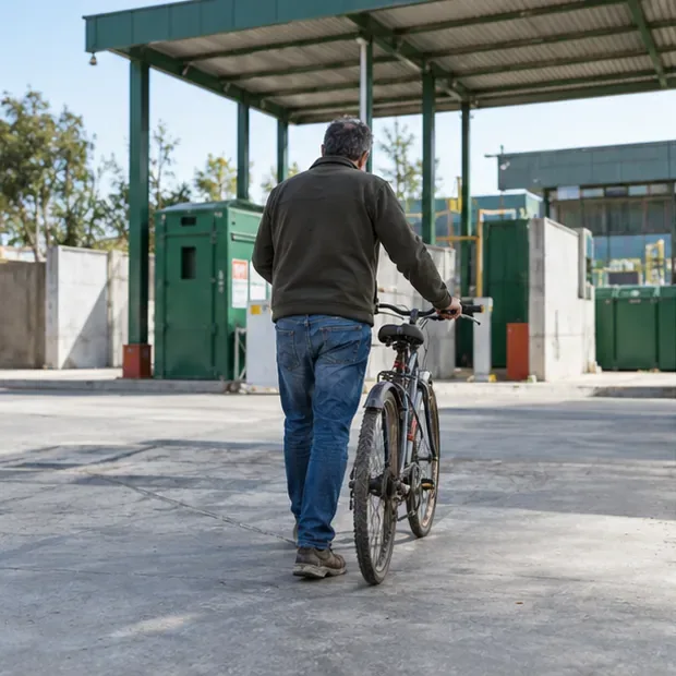 Una persona conduce una bicicleta hacia la entrada de un centro municipal de reciclaje