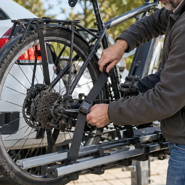 Una persona sujeta una bicicleta a un portabicicletas para transportarla