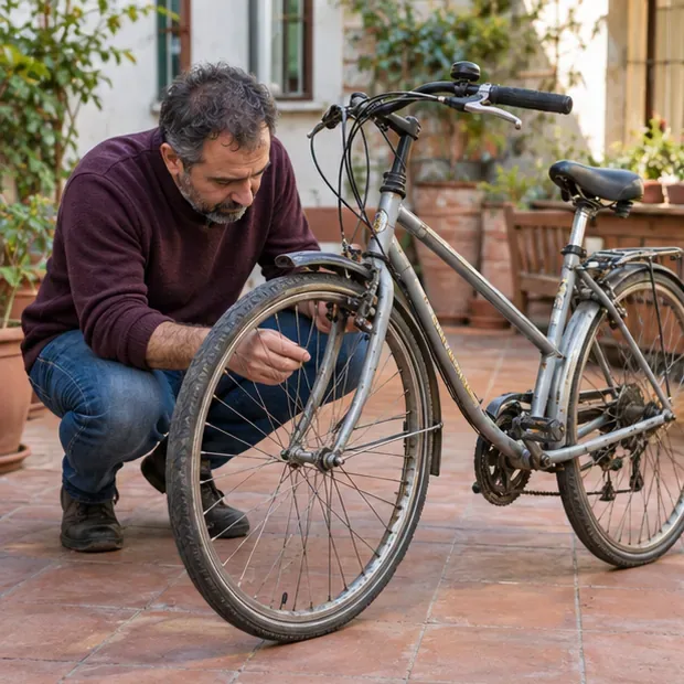 Una persona revisa la rueda delantera de una bicicleta urbana antigua en un patio