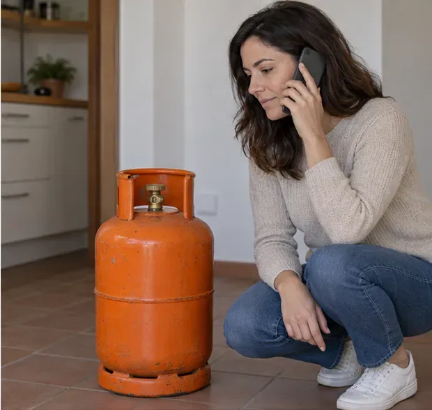 Una mujer habla por teléfono junto a una bombona naranja colocada en posición vertical en una estancia ventilada.