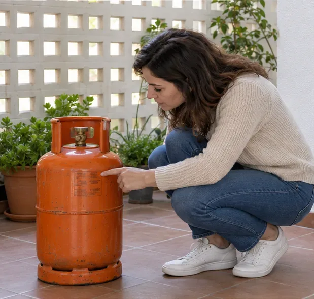 Una mujer señala el lateral de una bombona naranja colocada en posición vertical mientras comprueba el envase.
