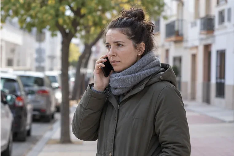 Una mujer ya en la calle llama por teléfono frente a una vivienda