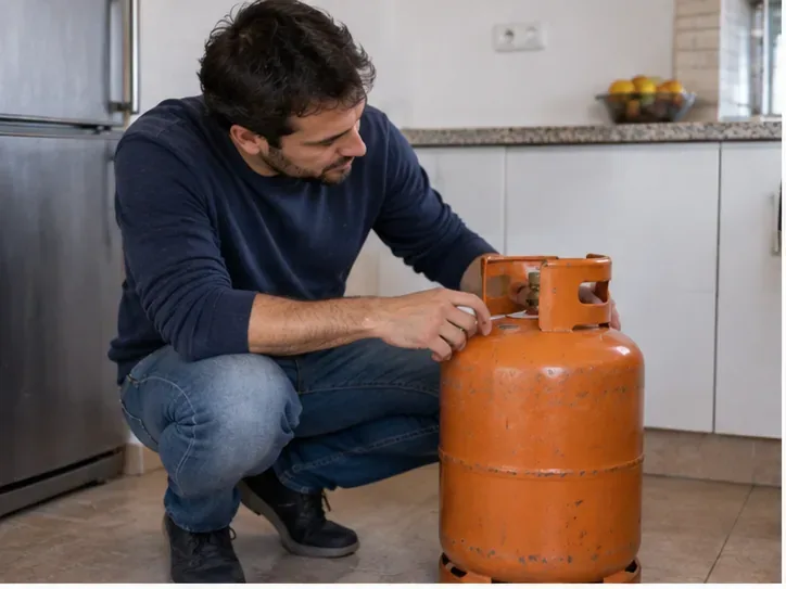 Persona examinando una bombona de gas en posición vertical antes de gestionar su devolución