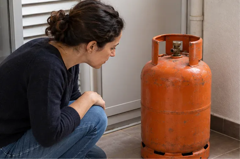 Una persona observa a distancia una bombona de gas naranja antigua colocada en vertical, antes de decidir cómo devolverla de forma segura en Badalona.