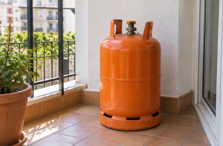 Bombona de gas naranja colocada en posición vertical junto a una pared y alejada de objetos que puedan golpearla