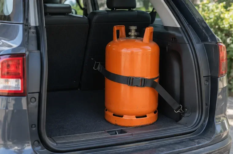 Bombona de gas colocada de pie y sujeta con una correa en el espacio de carga de un vehículo