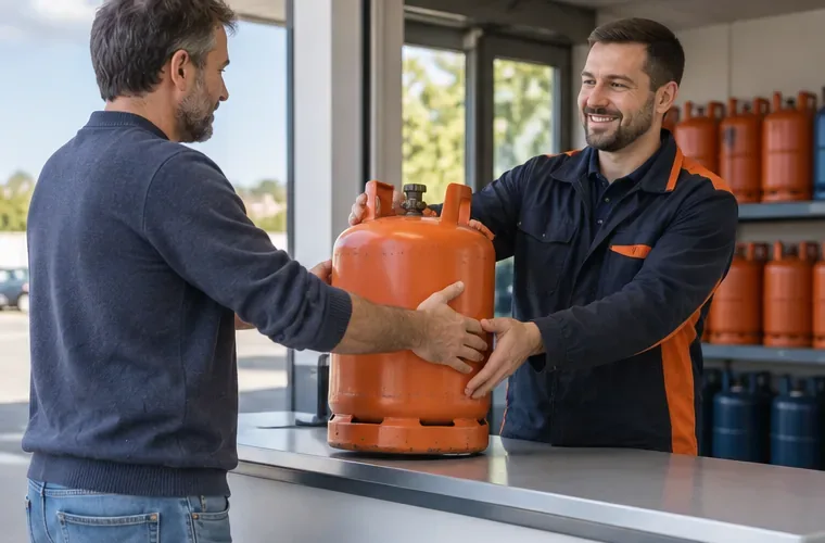 Persona entregando una bombona de gas a un trabajador en un punto de distribución