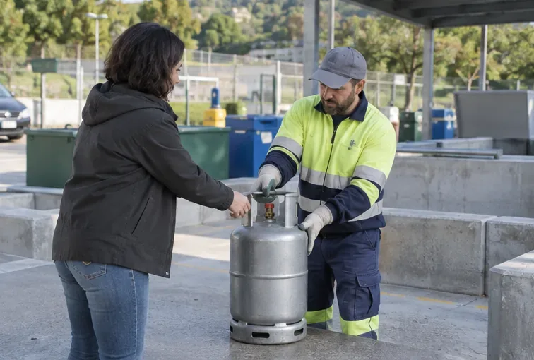 Personal de una instalación de recogida recibe una bombona metálica en posición vertical de una persona usuaria