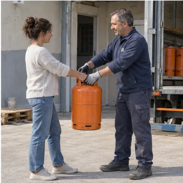 Trabajador con guantes recibiendo una bombona de butano en vertical durante una entrega autorizada