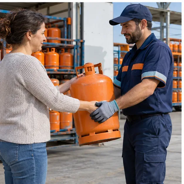 Un trabajador de un distribuidor recibe una bombona naranja de una clienta en un almacén