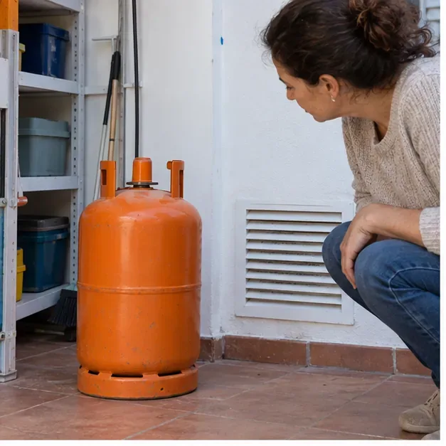 Una persona observa una bombona naranja de butano colocada en vertical en una zona ventilada